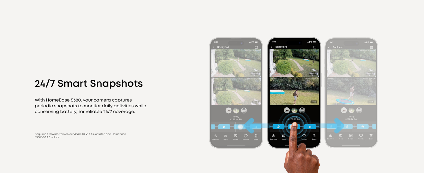 Text reads '24/7 Smart Snapshots'. Multiple display screens or interface views showing camera monitoring system layouts and controls.
