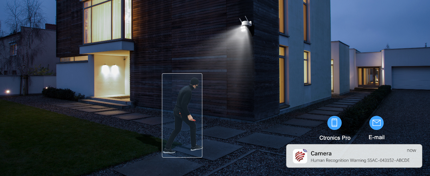 Exterior night view of modern building with security camera interface overlay showing motion detection and camera controls.