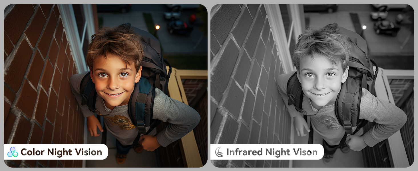Side-by-side comparison of color and infrared night vision images showing a young person in dim lighting conditions.