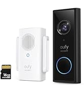 Smart video doorbell with wide-angle camera lens, illuminated ring button, and removable battery pack. Smartphone displays live video feed from doorbell camera.