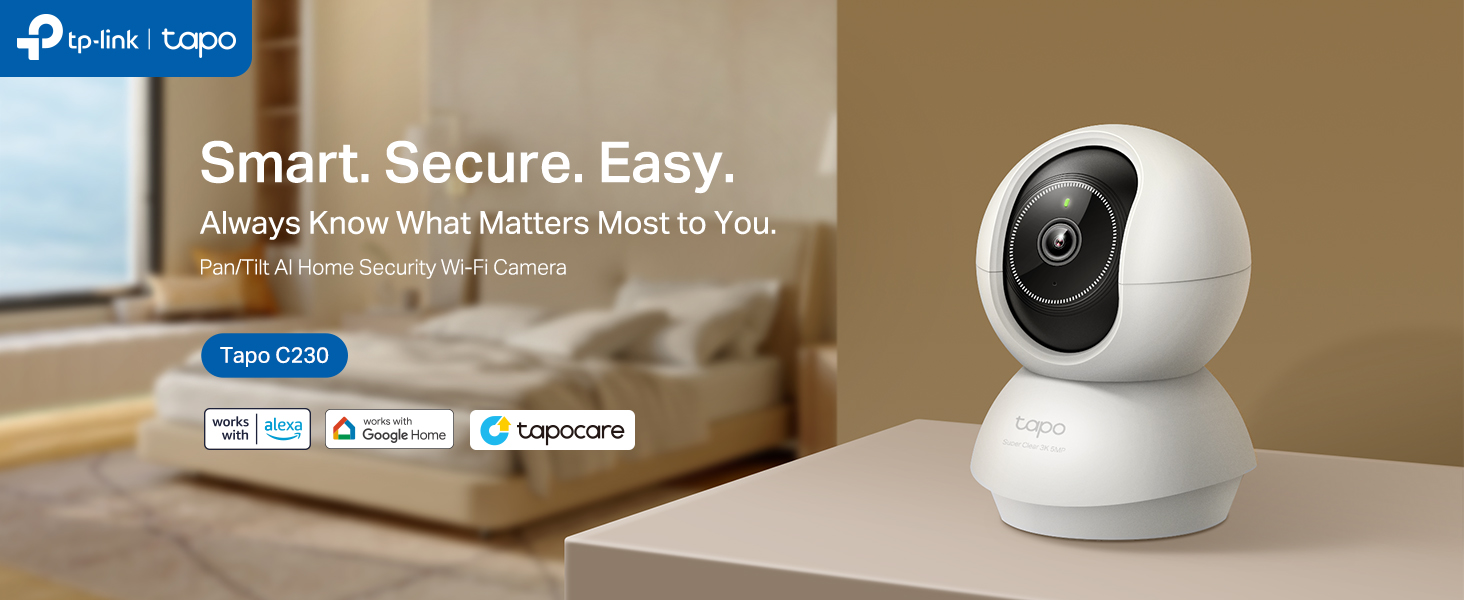 White spherical security camera on brown background with smart home interface icons. Device features pan-tilt capability and modern minimalist design.