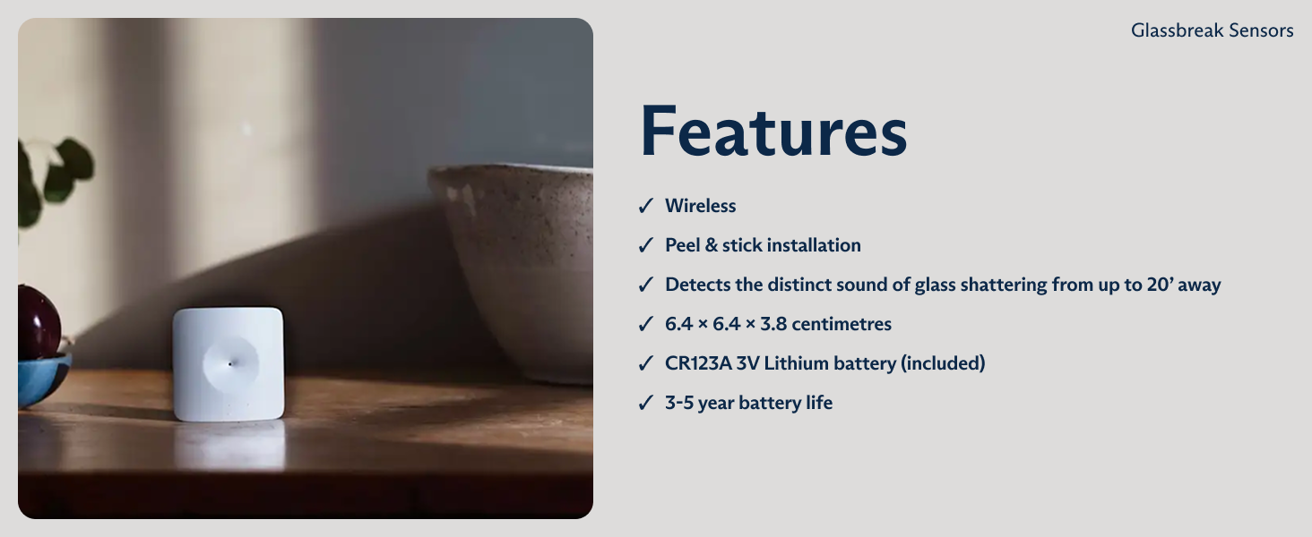 Text reads 'Detects broken glass.' Multiple transparent glass pieces scattered against a light background, demonstrating glass detection capability.