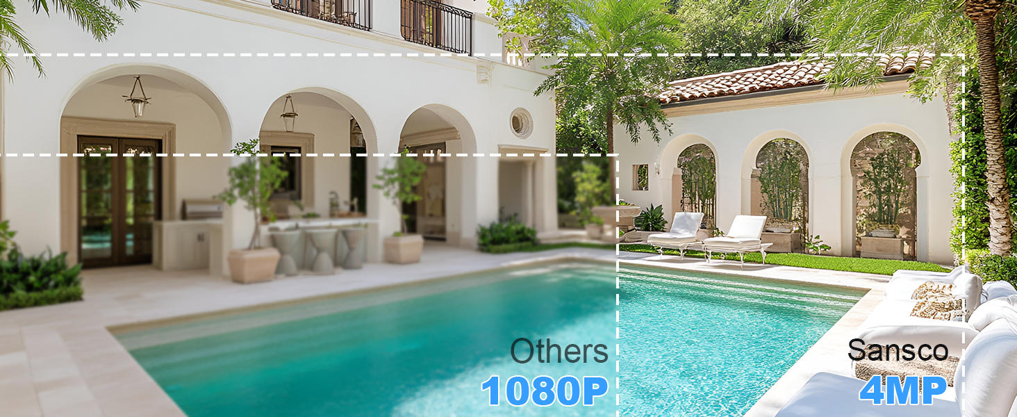 Text reads 'Owners 1080P'. Series of images showing a luxurious outdoor pool area with arched architecture and surrounding landscaping.