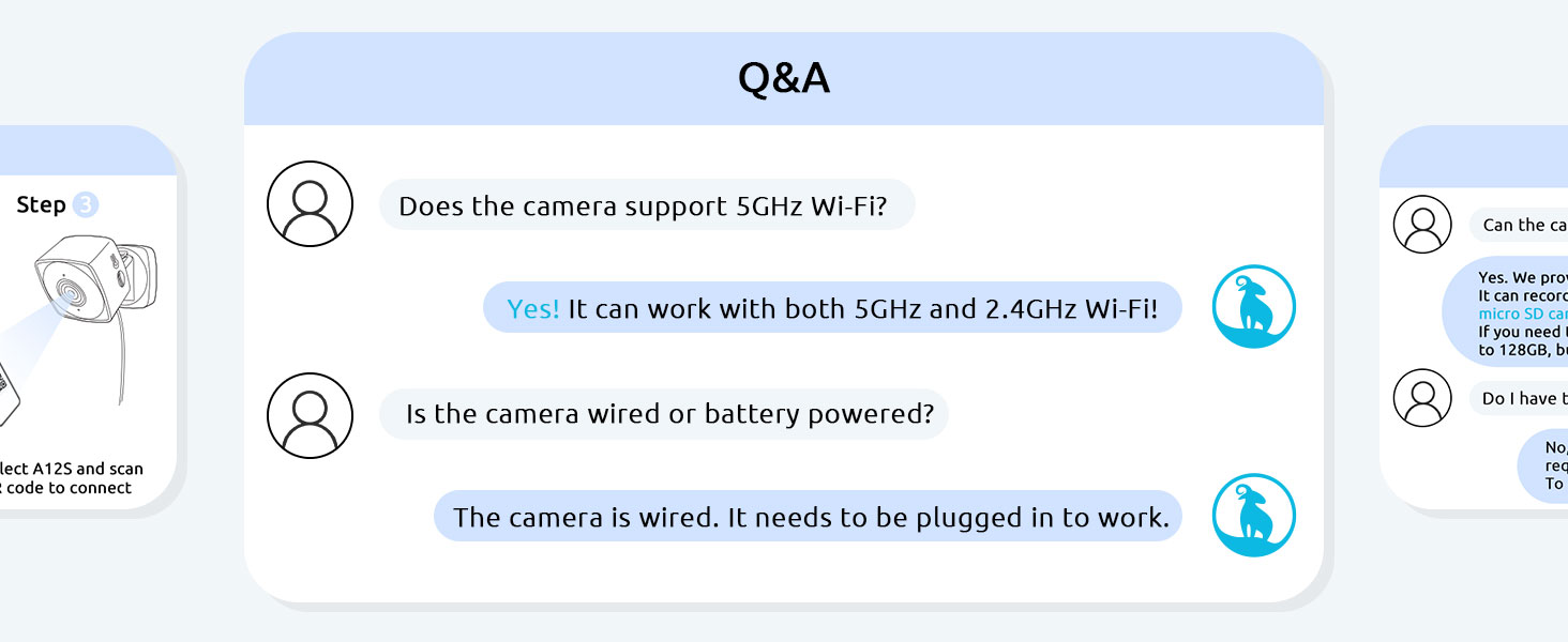 Q&A interface for a camera product. Questions about WiFi compatibility and power source are visible with corresponding answers and icons.