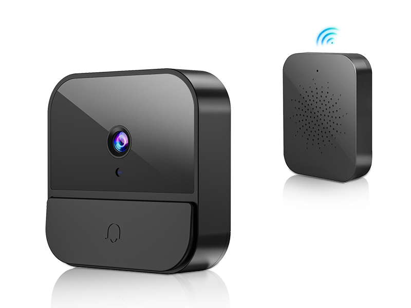 Wireless doorbell system with two components: a black camera unit with blue LED and a separate black speaker unit. Both devices feature sleek, compact designs.