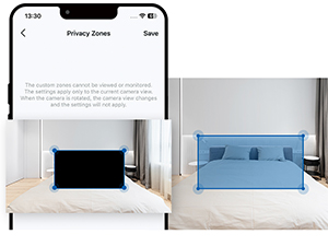 Security camera setup scene with white spherical camera unit mounted in home environment, showing monitoring interface.