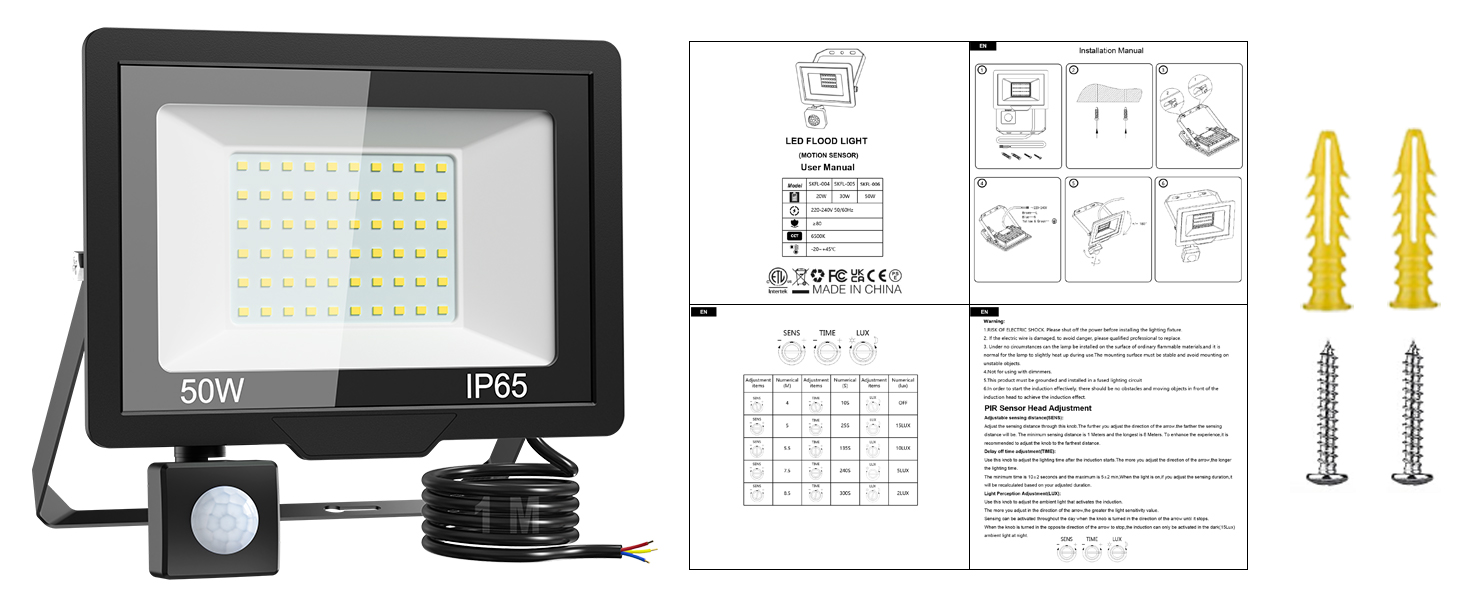 50W LED floodlight with motion sensor. IP65 rated. Includes mounting hardware and installation instructions.
