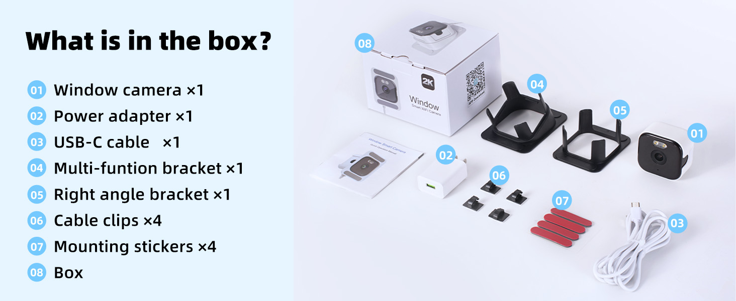 Text reads 'What is in the box?' followed by components list: 'Window camera x1, USB-C cable x1, Right angle bracket x1, Cable clips x4, Mounting stickers x4'. Product package contents diagram.