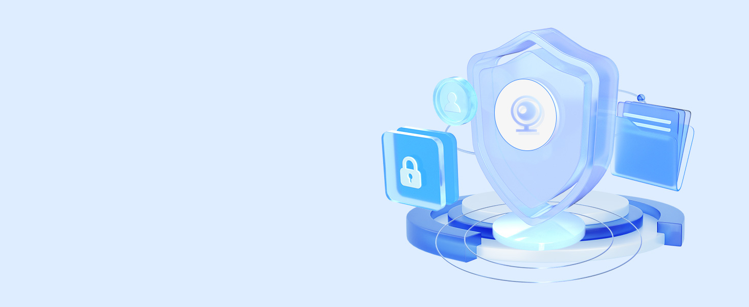 3D rendering of cybersecurity concept with blue glowing shield, lock icon, and computer symbols, representing digital data protection.