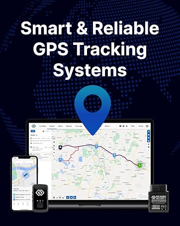 Blue background with white icons and text listing vehicle tracking features: Geo-Fence, Live Vehicle Tracking, Instant Alerts, and Route History.