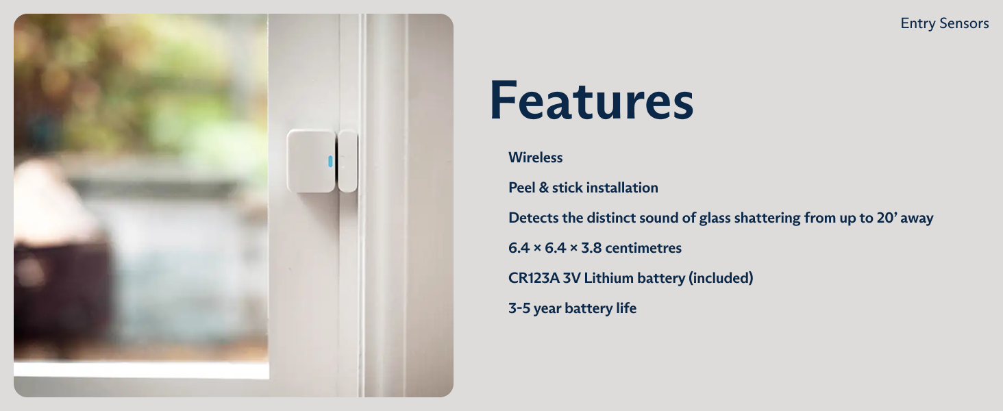 Text reads: 'Watch every door and window.' Small white door sensor mounted on white wall, likely for security monitoring.