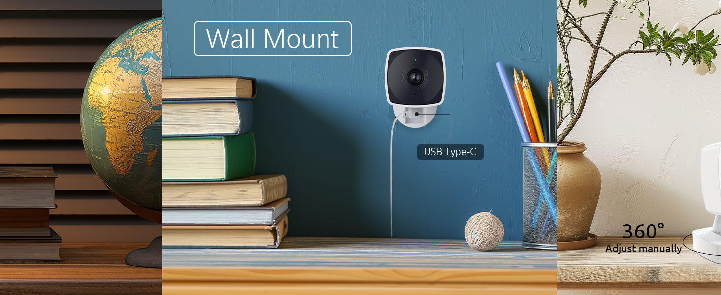 Wall-mounted security camera displayed on a blue wall. '360° Detection' text visible. Books, globe, and decorative items in the scene.