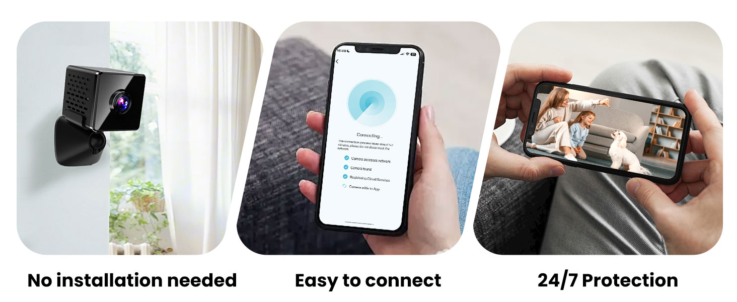 Text reads 'No Installation needed', 'Easy to connect', '24/7 Protection'. Three panels showing mobile app interface and connection steps for a device