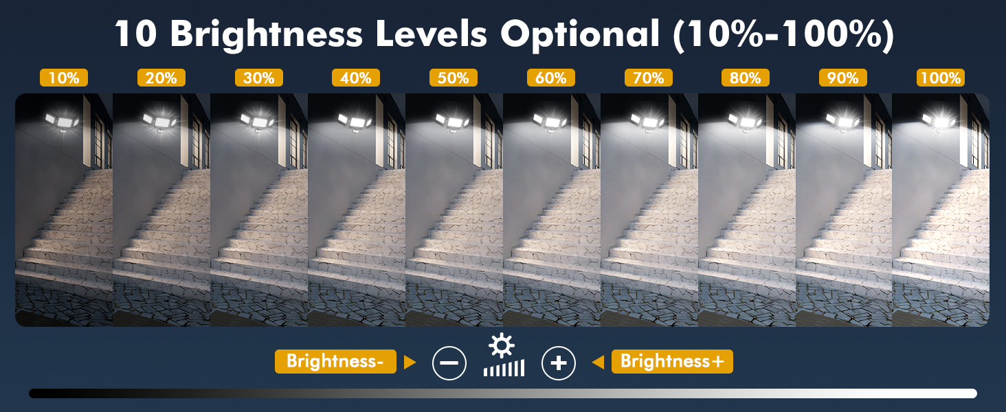 Text reads '10 Brightness Levels Optional (10%-100%)'. Display showing adjustable brightness settings with multiple level indicators.