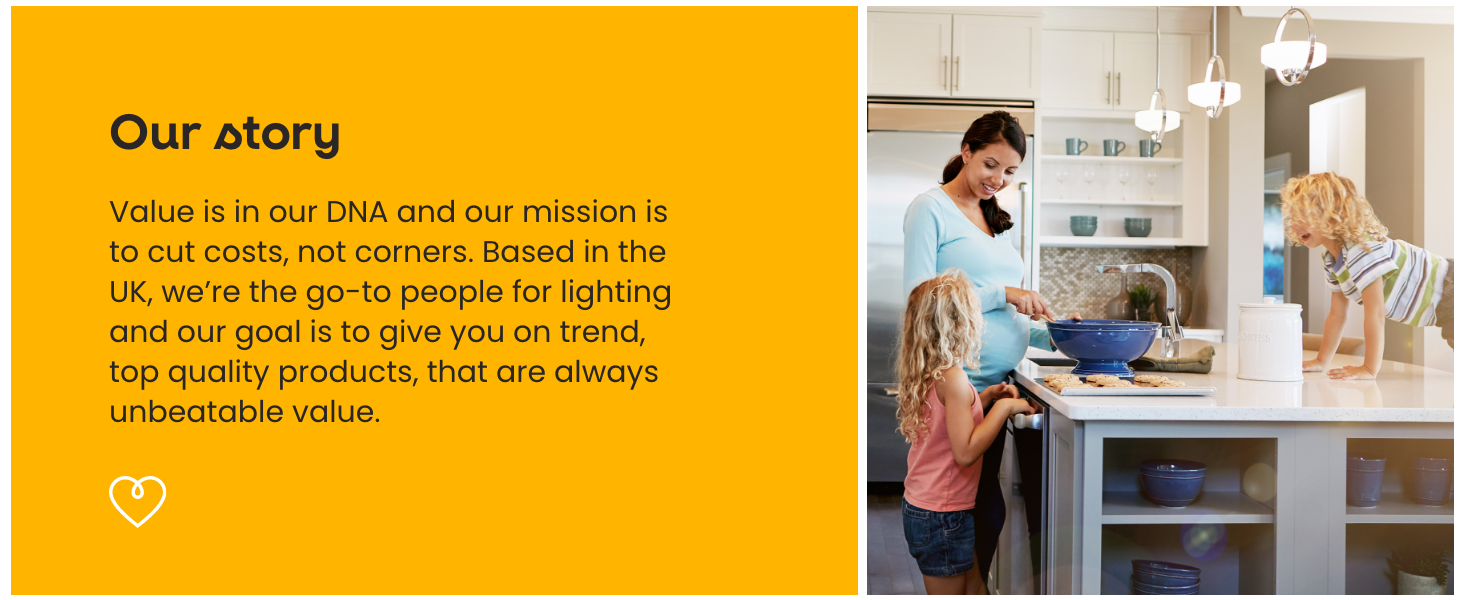 Kitchen interior with white cabinets and pendant lights. A person is visible in the background, and text on a yellow panel describes a company's mission for lighting products.