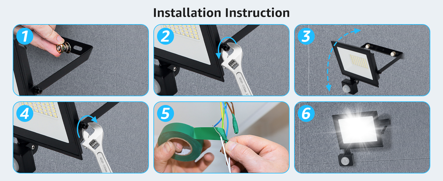 Text reads 'Installation Instruction' followed by 6 numbered step-by-step installation guide images showing assembly process with gray components.