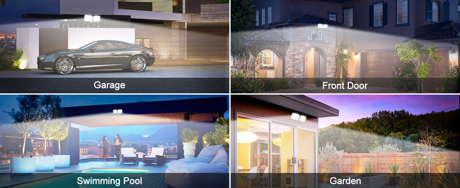 Four-panel home exterior showcase featuring garage with car, illuminated front door entrance, swimming pool area, and landscaped garden with outdoor lighting.