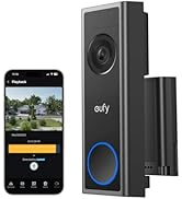 Smart doorbell system with black camera unit, white indoor chime, and smartphone app displaying live video feed. Features Eufy branding and blue LED ring on doorbell.