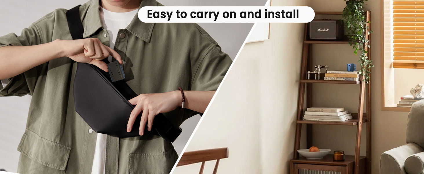 Person demonstrating how to carry and install a black, cushion-like object. Text overlay states 'Easy to carry on and install'.