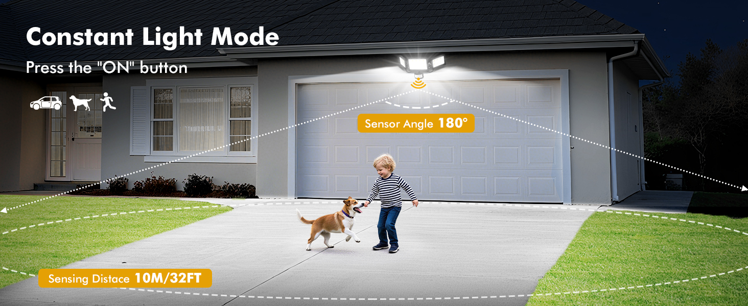 Text reads 'Constant Light Mode' Series of outdoor nighttime scenes showing illuminated areas with lighting demonstrations.