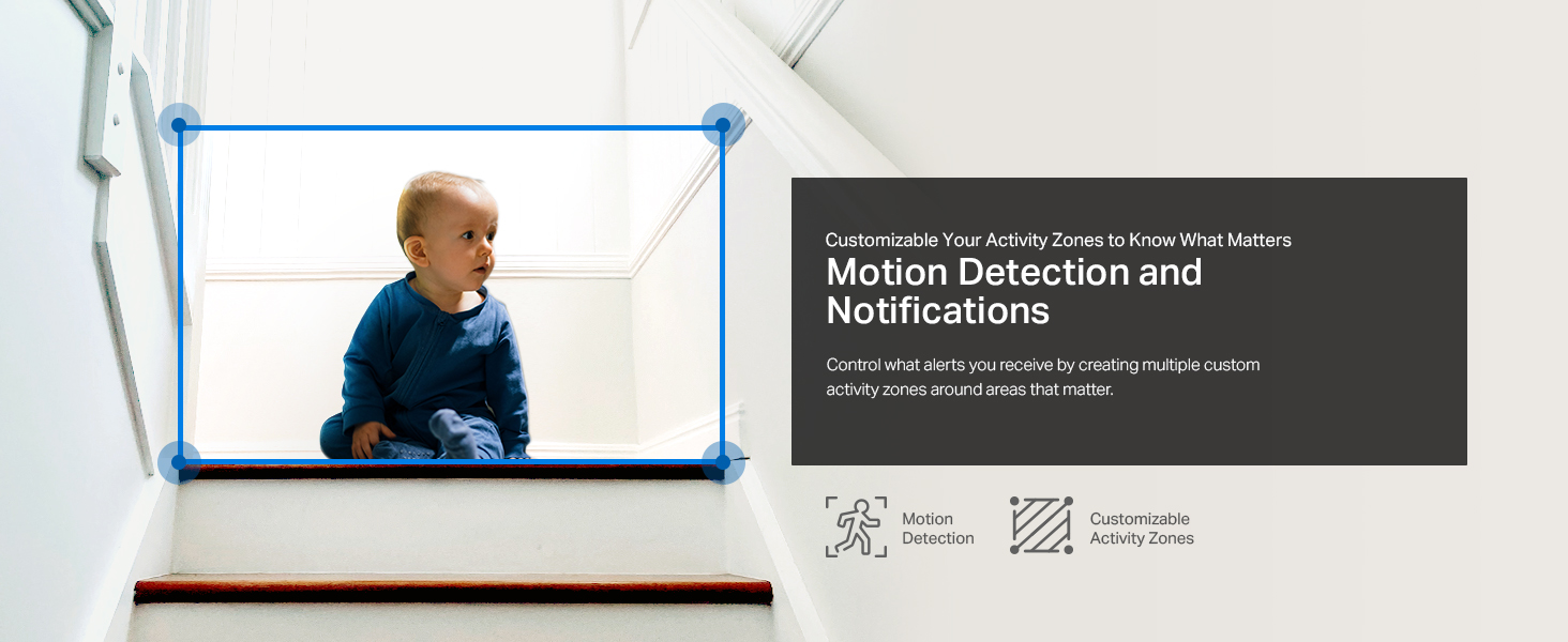 Security camera interface showing motion detection zone indicated by blue outline box, with technical text overlay.