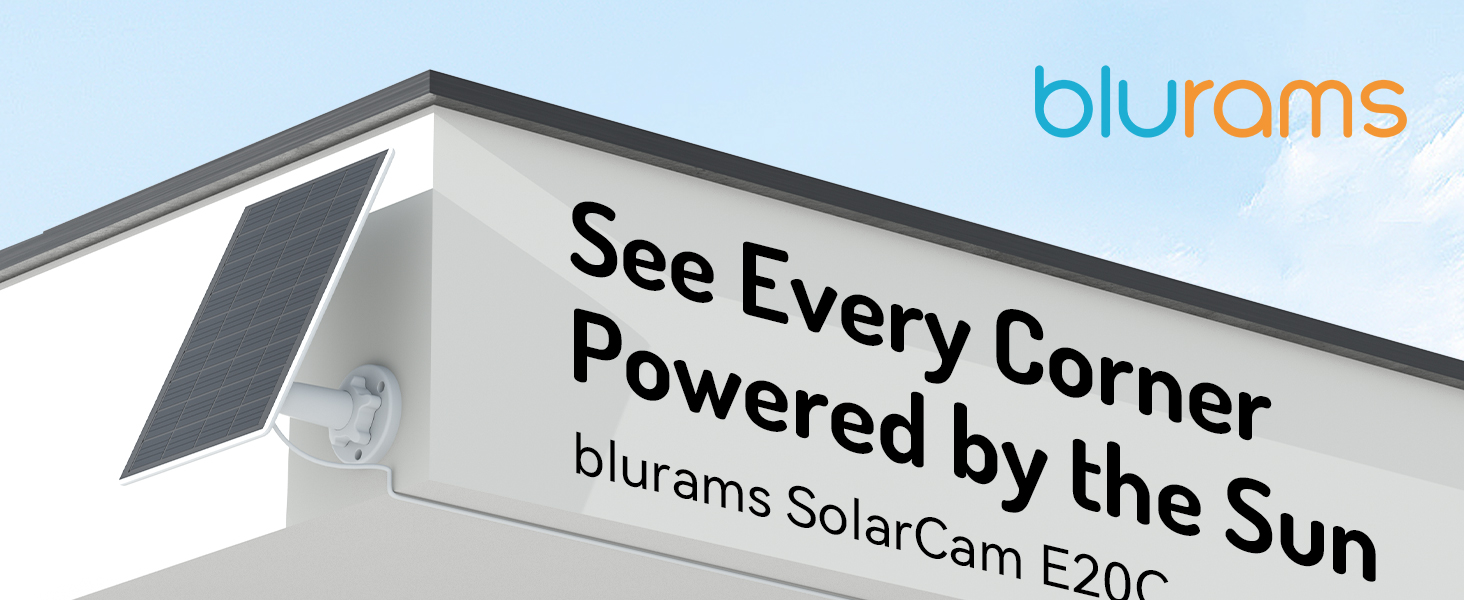 Text reads 'See Every Corner', 'Powered by the Sun', 'blu roms SolarCam E2qc'. Security camera product shots showing different mounting angles.