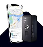 Smartphone displaying map with route, next to black rectangular GPS tracker device with '104' displayed. Device shows real-time location tracking functionality.