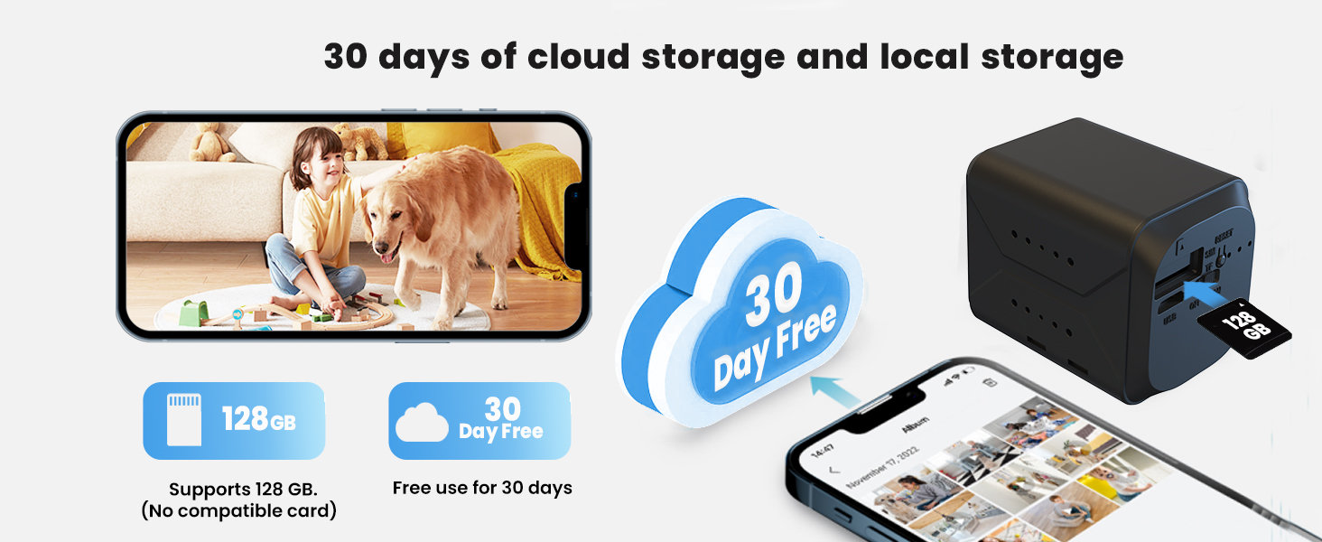 Cloud storage device offering 30 days of storage. Shows smartphone app interface, cloud icon, and black cube-shaped hardware device.