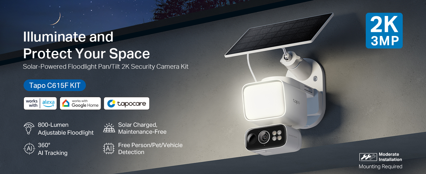 Text reads 'Illuminate and Protect Your Space'. Marketing banner for security camera showing 2K resolution specification and device features against dark background.