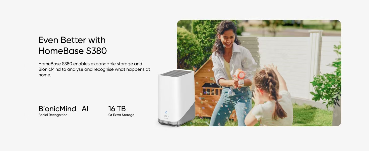 Split image showing white electronic device labeled 'HomeBase S380' with text about BlondeMed AI next to an outdoor family scene.