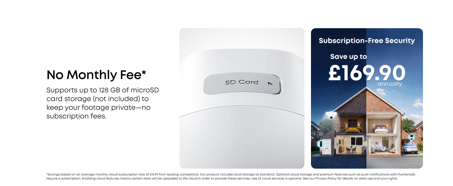 Text reads 'No Monthly Fee*' and '£169.90'. Advertisement showing a home security system interface and a house exterior image.