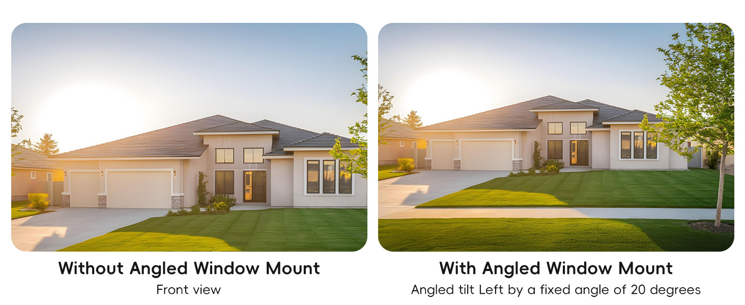 Text reads 'Without Angled Window Mount' and 'With Angled Window Mount'. Comparison photos of residential houses exterior views.