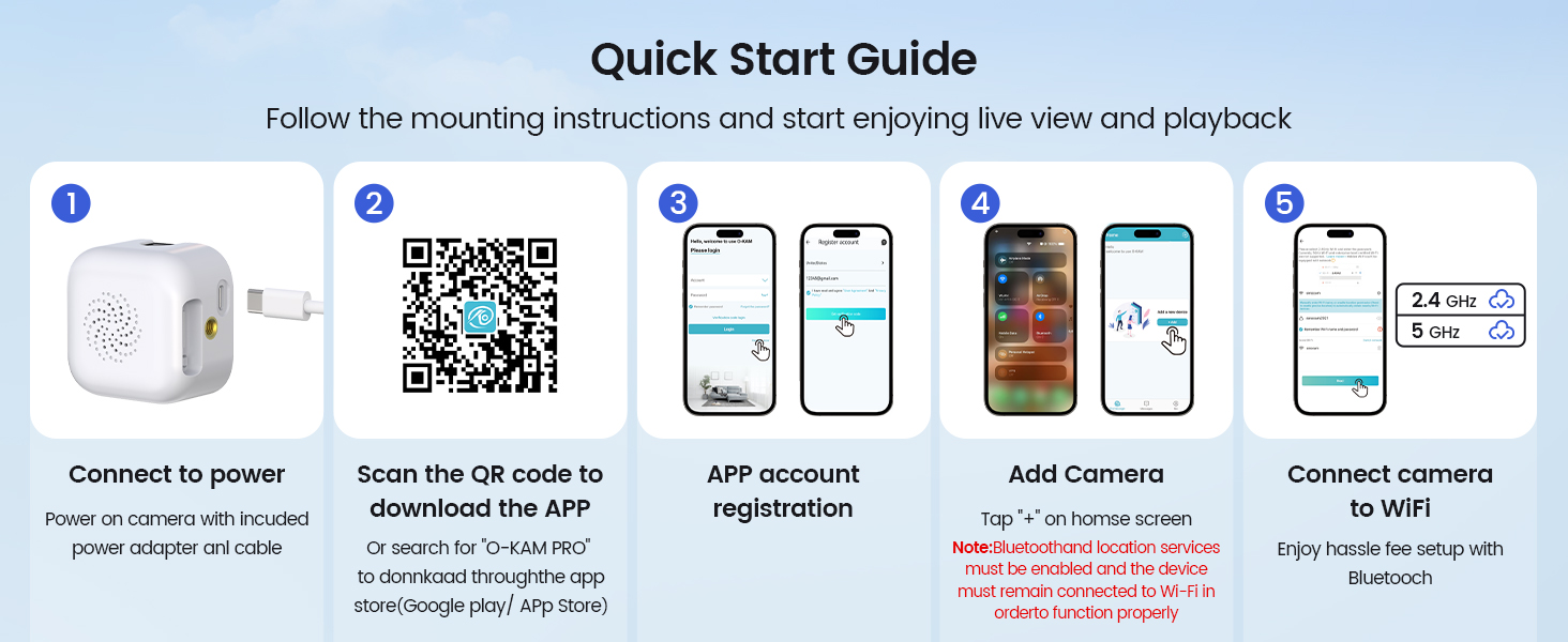 Text reads 'Quick Start Guide'. Infographic showing step-by-step setup instructions with numbered icons and QR code, featuring mobile app screens and device pairing steps.
