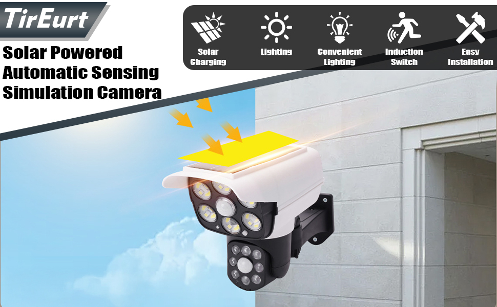 Text reads 'TirEurt' and 'Solar Powered Automatic Sensing'. Product interface showing various mode icons including sun, lightbulb, running figure, and tools symbols.