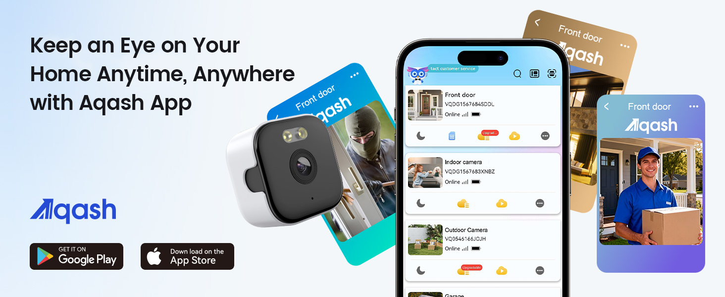 Text reads 'Keep an Eye on Your Home Anytime, Anywhere' and 'with Aqara App'. Mobile app interface screenshots showing home security features and app store badges.
