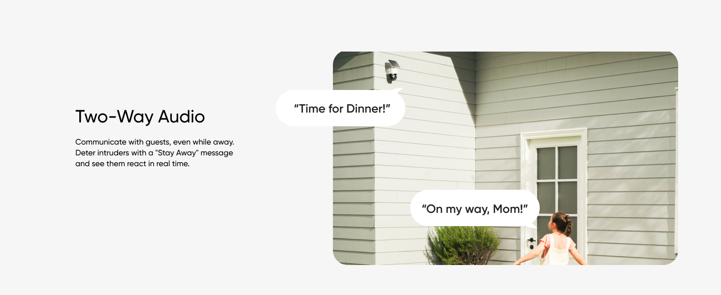 Two-way audio feature description for a home device, with an image showing the exterior of a house and speech bubbles indicating communication.
