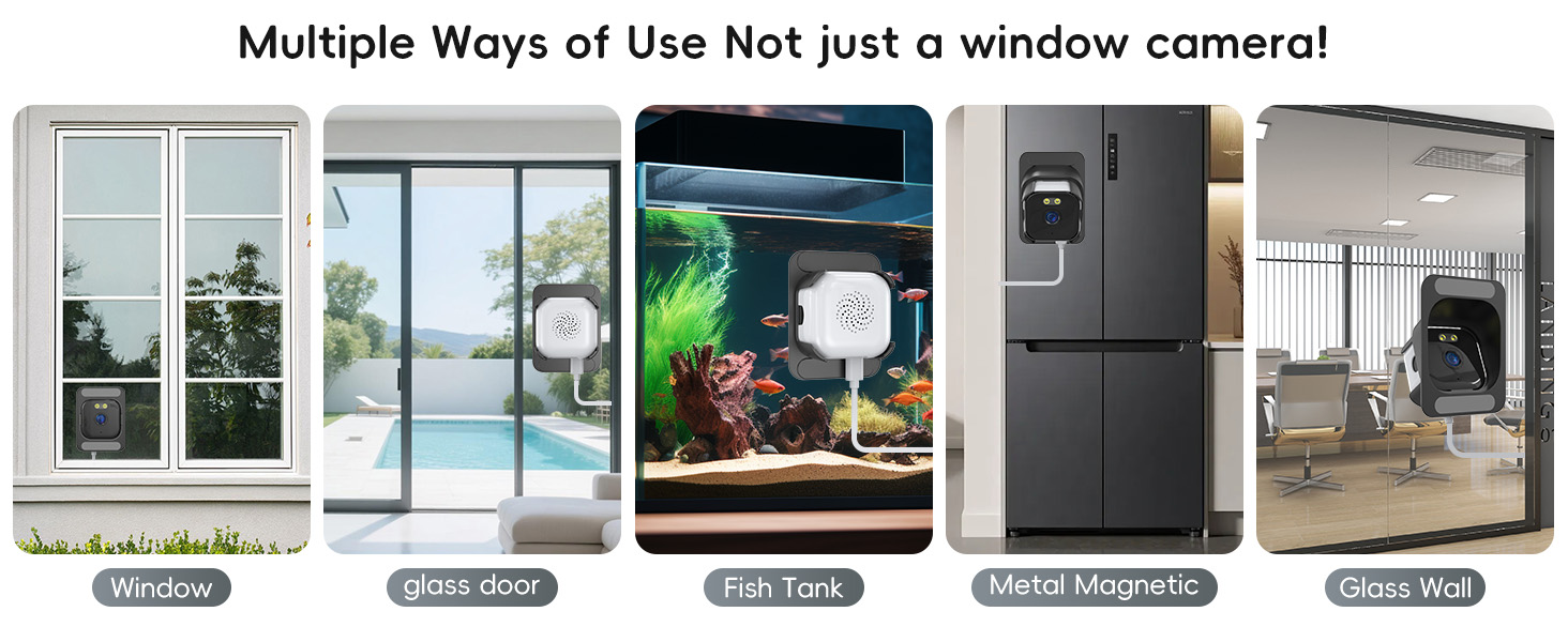 Text reads 'Multiple Ways of Use Not just a window camera!' Five panel display showing device usage: window monitoring, pool view, fish tank, refrigerator, and doorway.