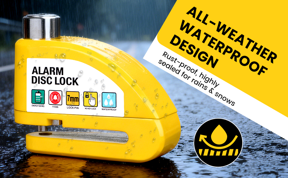 Text reads '110DB HIGH-POWER ALARM Deters Thieves Effectively'. Image shows motorcycle wheel with yellow alarm illustration and bell icon.