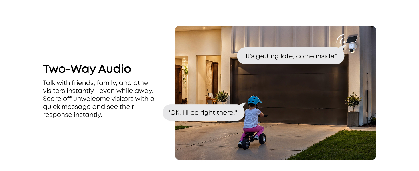 Text reads 'Two-Way Audio'. Security camera interface screenshot showing outdoor scene with person on scooter and text overlay.