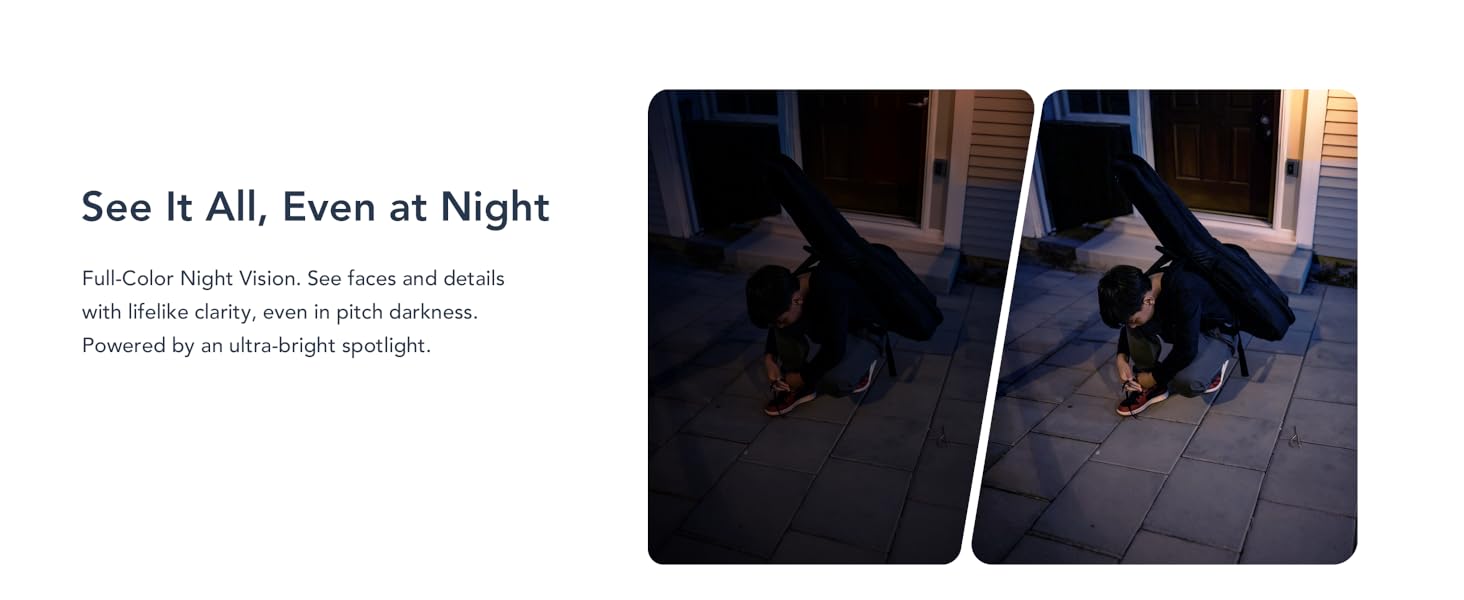 Text reads 'See It All, Even at Night'. Night vision security camera footage showing outdoor scene with enhanced visibility.