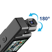 Black camera or electronic device shown with filmstrip-style imagery displaying multiple photo frames next to it.