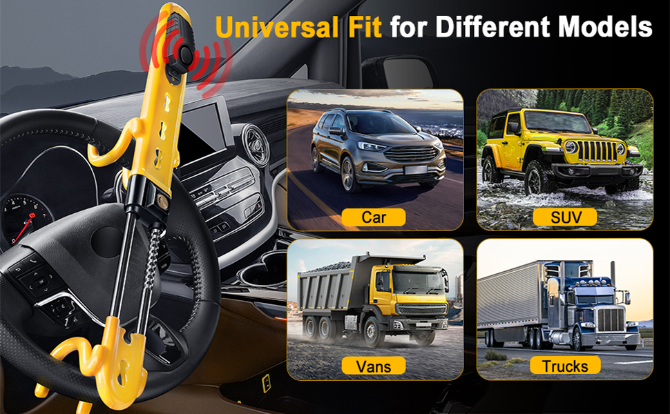 Text reads 'Universal Fit for Different Models'. Collection of vehicle photos showing various trucks and commercial vehicles in black and yellow theme.