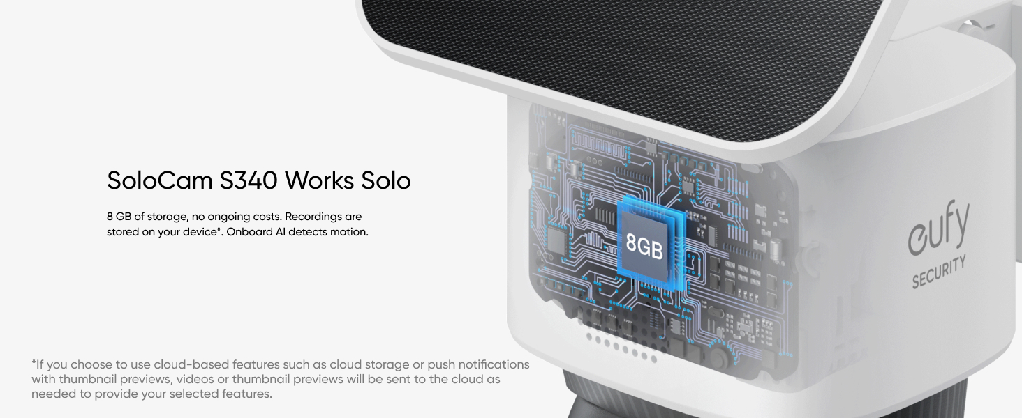 White cube-shaped device with black mesh top, displaying 'SoloCam S340 Works Solo' text. Device appears to be a security camera or similar electronic product.