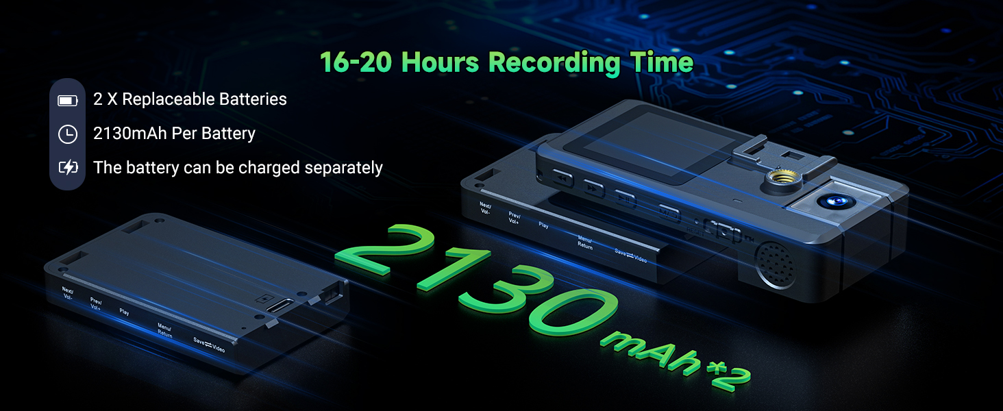 Text reads '16-20 Hours Recording Time.' Digital display showing '130' in green LED-style numbers against dark background.