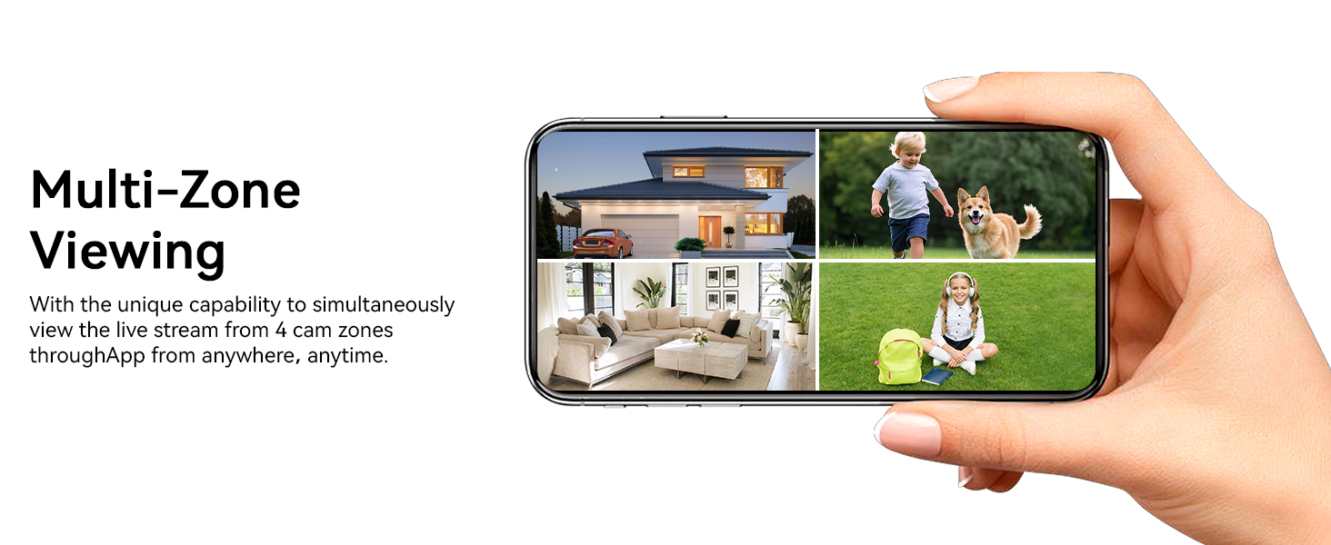 Text reads 'Multi-Zone Viewing'. Shows smartphone interface displaying multiple video feeds or camera views simultaneously.