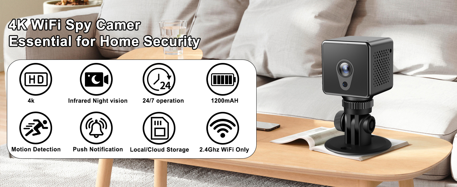 4K WiFi Spy Camera icon set showing features: HD recording, motion detection, night vision, loop recording, weather resistance, long battery, app control, and WiFi connectivity. Small black camera device shown mounted.