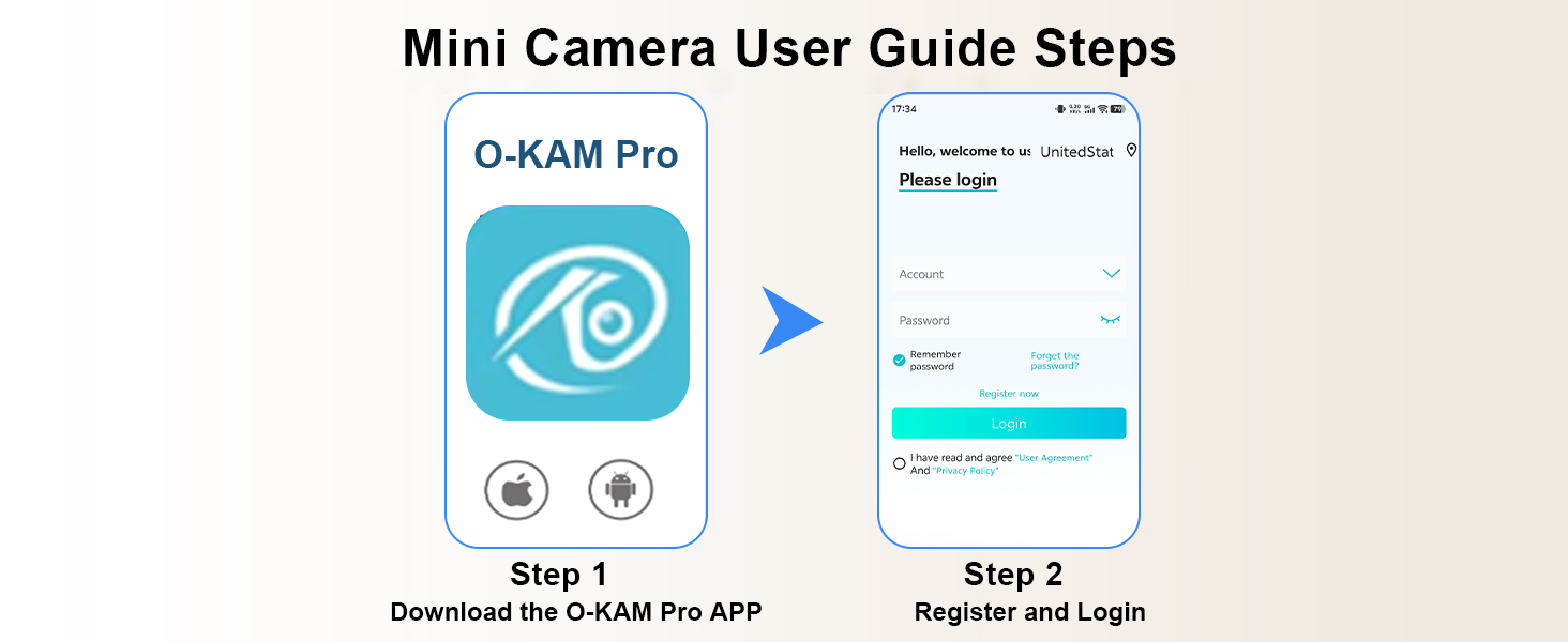 Text reads 'Mini Camera User Guide Steps'. Mobile app installation guide showing step-by-step interface screenshots with download and login instructions.