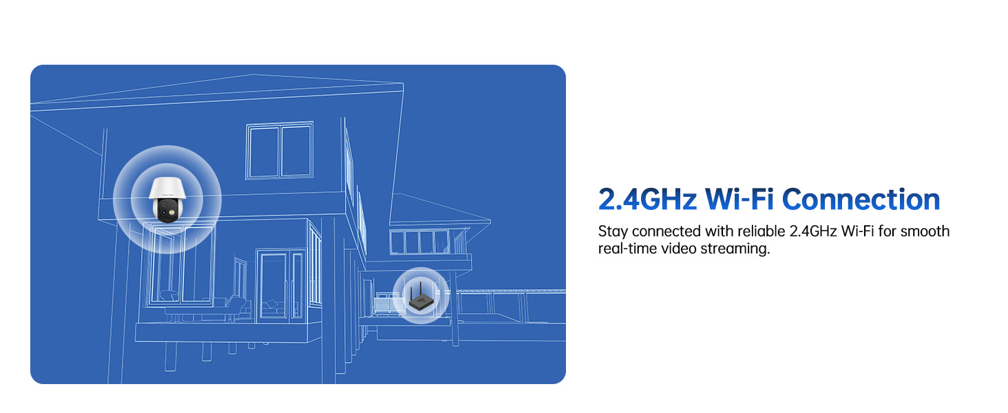 Text reads '2.4GHz Wi-Fi Connection'. Blue technical diagram showing wireless connectivity icons and device connection illustrations in white lineart style.