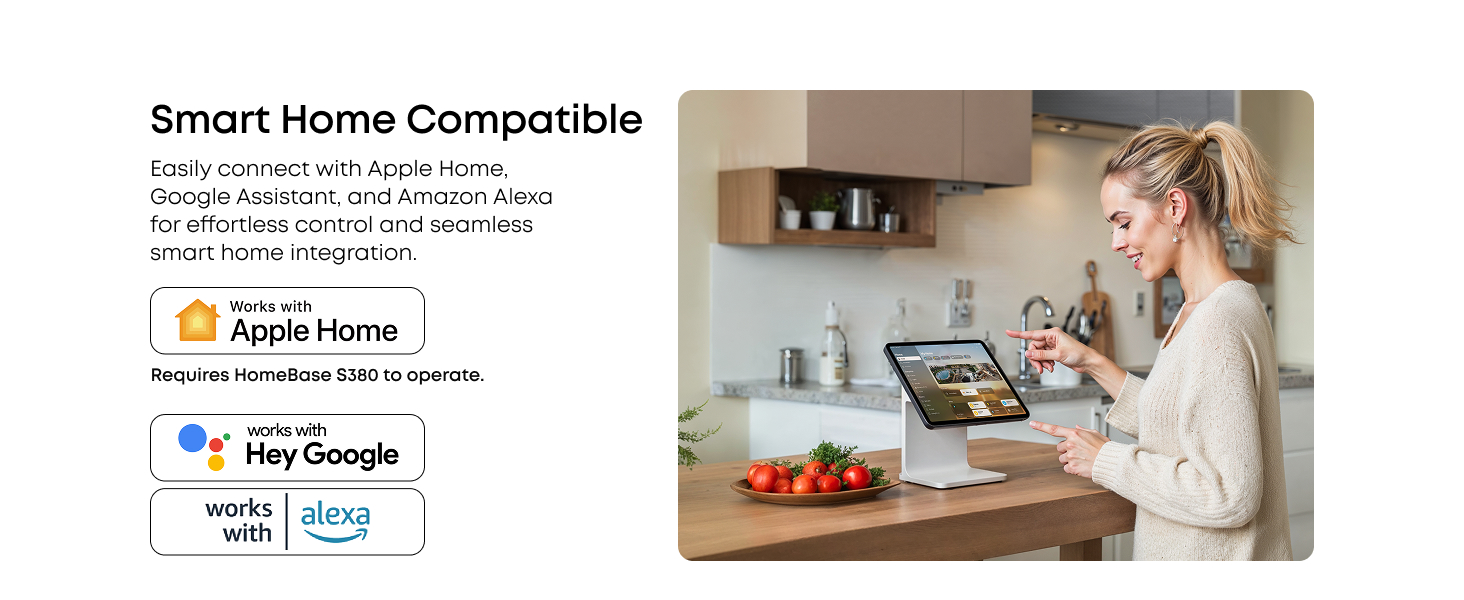 Text reads 'Smart Home Compatible'. Marketing image showing smart home device integration with multiple interface examples and lifestyle scenes.