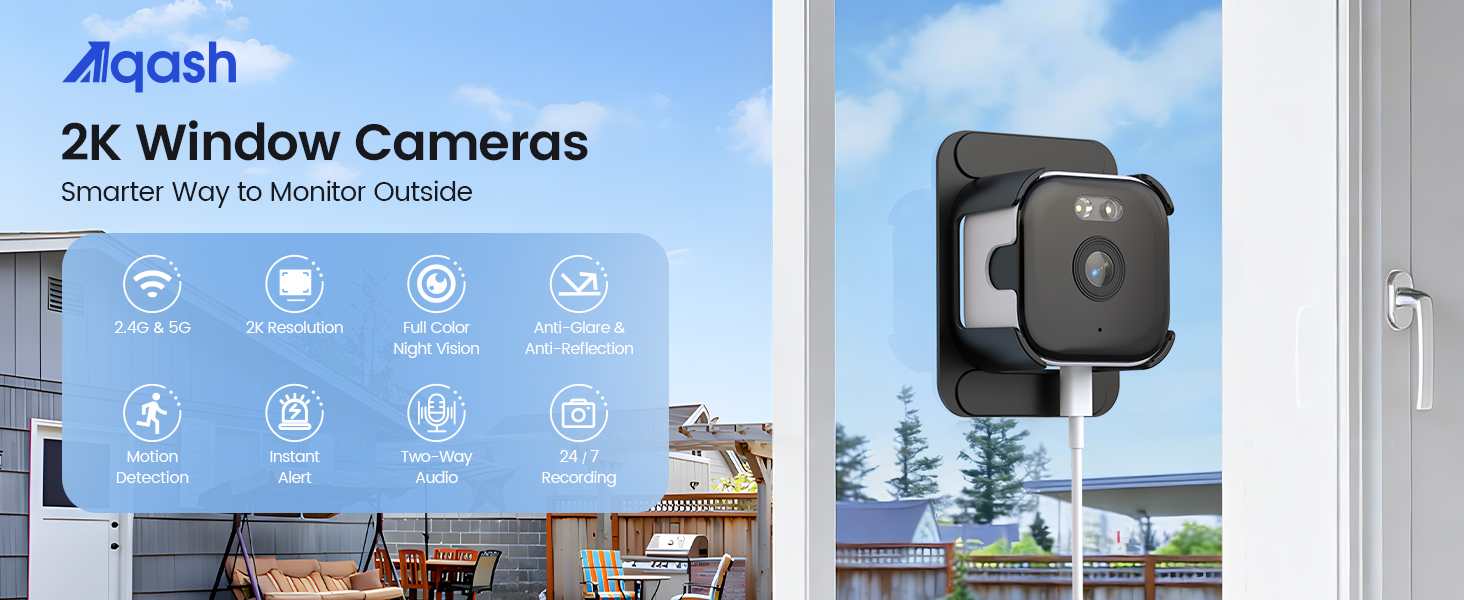 Text reads '2K Window Cameras' and 'Aqash'. Product showcase of security cameras with icons indicating WiFi, motion detection, and other features.